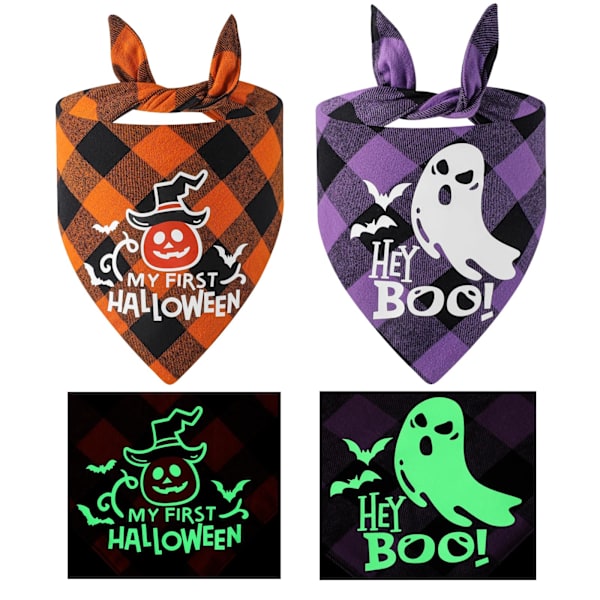 Halloween-koirabandanat, 2 pakkausta puuvillasta valmistettua, kääntyvää, valaisevaa kurpitsalepakkopainatusta Halloween-lemmikkibandanaa, kolmio ruudullinen pienille, keskisuurille ja suurille koirille