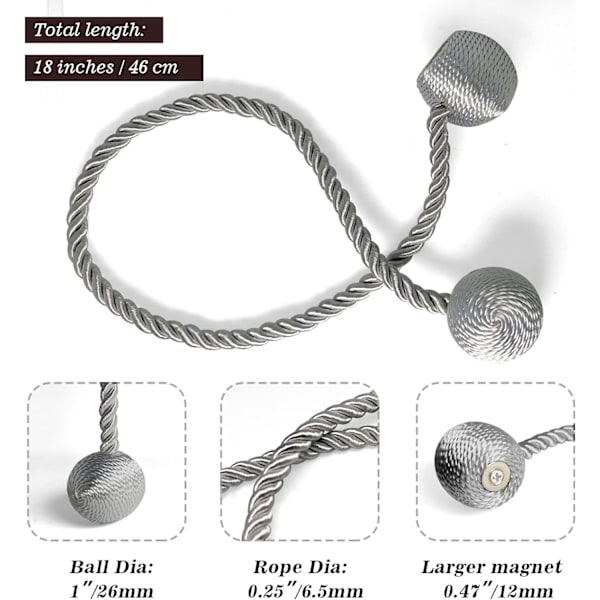 Magnetiske gardinholdere grå 2-pak, gardinholdere spænder holdere clips til hjem soveværelse kontor dekorative tykke eller tynde gardiner Gray