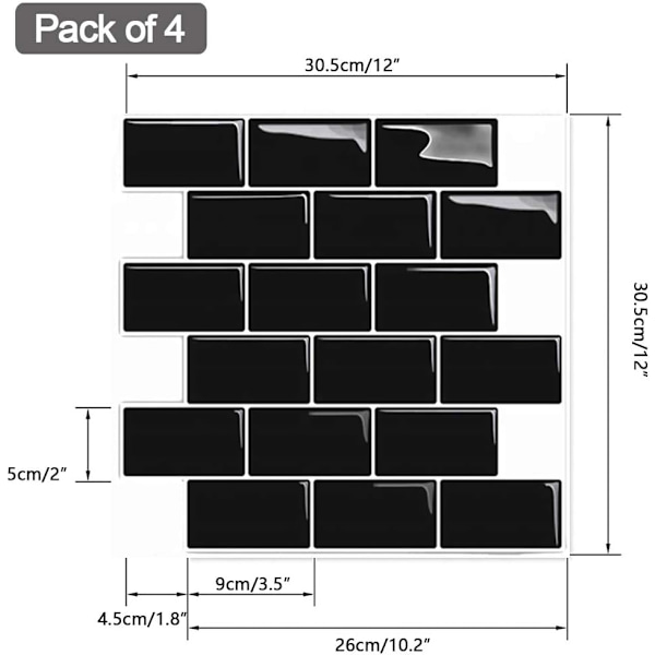 Kök & Badrum Lim, Faux Tile Lim Vägg Vit Credence Kök Lim, 4 Stycken (Svart, 4 Ark) 1