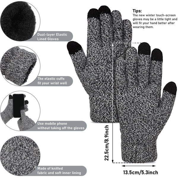 Par vinterhansker for kvinner Strikket berøringsskjerm med finger dobbel lag elastiske hansker