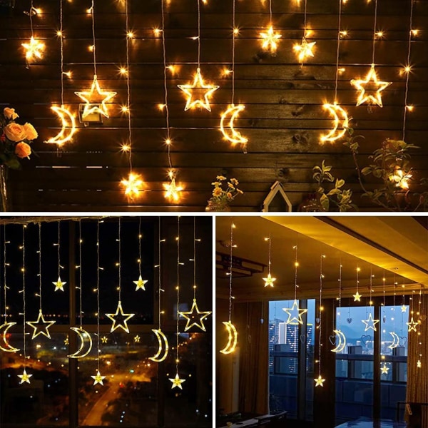 LED-keijuvalot, tähdet ja kuun ikkunaverhovalot akkuvirralla, 3,5m/11,5ft LED-joulujuhlapuutarha Kotisyntymäpäivä, lämmin valkoinen