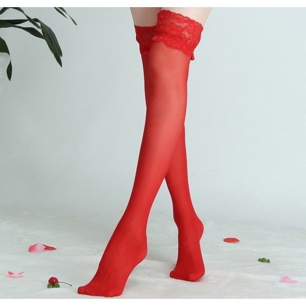 Naisten reidet korkeat sukat Läpinäkyvät pitsiset sukat Ohuet nylon Naisten sukat sukkahousut liukastumista estävällä silikonitopilla (punainen) Red
