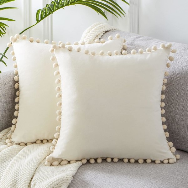 Cushion Cover 45x45 Decorative Pompoms in Soft Velvet Pillowcase, Set of 2 Decoration for Sofa Bedroom Cushion