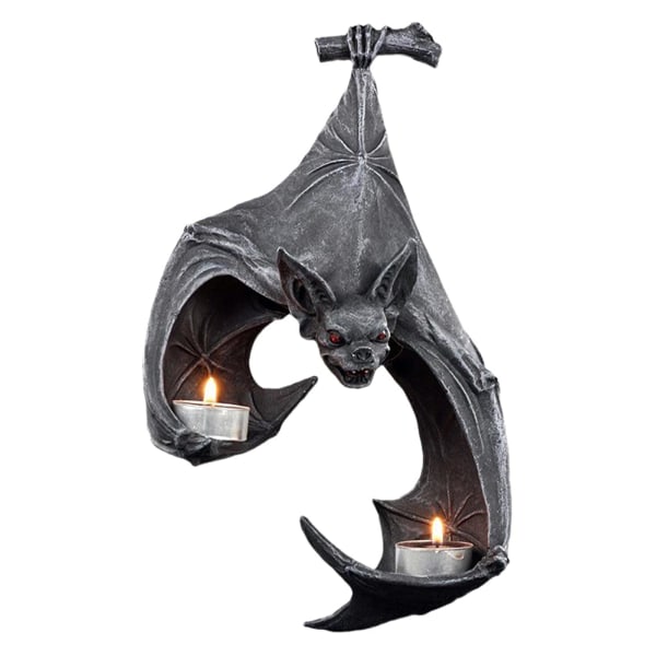 Flaggermusvegglampe lysestake, flaggermusvegg telysholder, rustikk harpiks vegghengende skulptur, dobbel halloween telysholder, svart