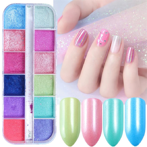 12 rutnät nagelglitterpulver, 3D gnistrande nagelkonst färgglad glänsande glitter sjöjungfru spegeleffekt pärlpuder regnbåge neon nagelpulver regnbågsglitter