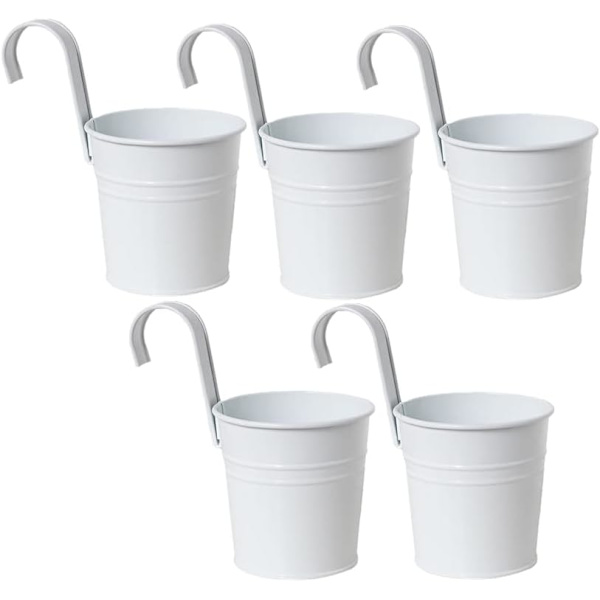 5 st hängande blomkrukor i metall järnhink planter kruka metall hink blomhållare med krok inomhus utomhus dekor  (vit)