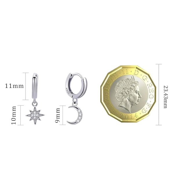 Sølv Måne og Stjerne Øreringe Huggie Hoop Øreringe 925 Sterling Sølv Hoop Øreringe Håndlavede Drop Dangle Øreringe til Kvinder Piger