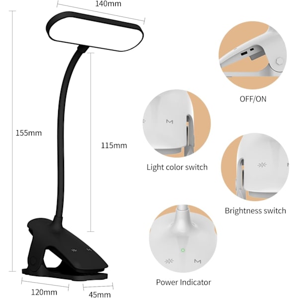 Langaton LED-pöytävalaisin, kosketusohjattu yöpöytävalaisin 5 väriä ja 5 himmennettävää himmennettävää 360° joustava kaula LED-lamppu, musta Black