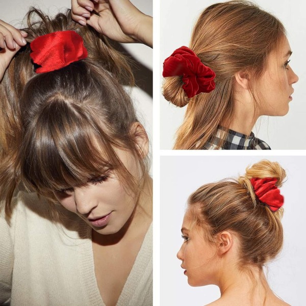 2 st hårscrunchies, stora sammetsscrunchies, stretchiga hårsnoddar mjuka hårband hästsvanshållare sovande spårlös frizzförebyggande (röd) Red