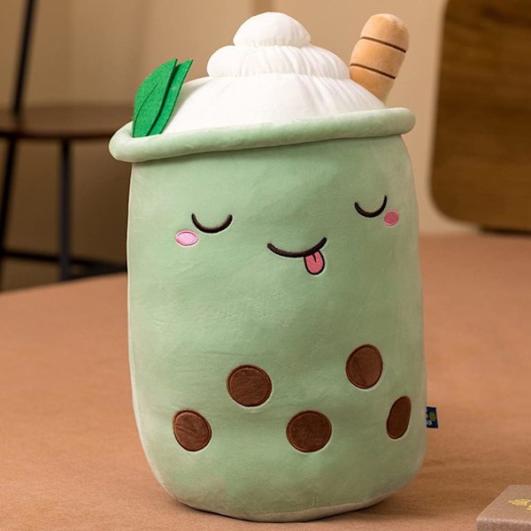 Bubbelteplyschkudde, söt mjölktekopp plysch bubbelte mjuk leksak med jordgubbar, bubbeltekopp plyschleksak fylld kastkudde (grön) Green