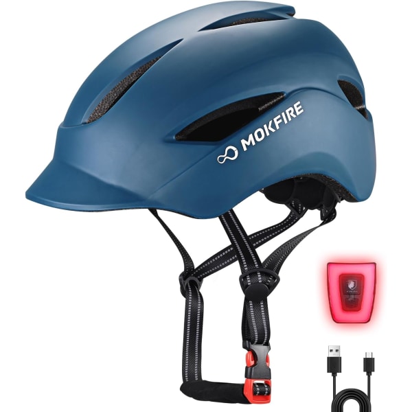 Cykelhjälm med USB laddning Bakre säkerhetsljus & reflekterande rem för unisex män/kvinnor, E-cykelcykelhjälmar med visir, justerbar storlek (blå) Navy blue