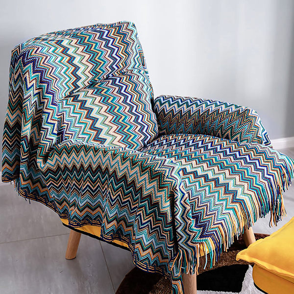 Stickad filt med tofsar Houndstooth Boho Rutig gosig filt Stickad filt Överkast Släng filt Dekorativ filt för soffa säng blue 127*180cm