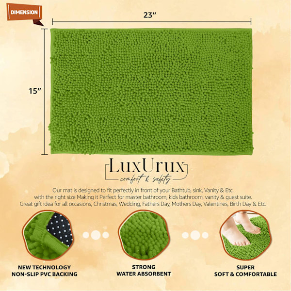 Mat-Ekstra Myk Plysj Badekar Dusj Baderomsmatte, 1'' Chenille Mikrofiber Material, Superabsorberende Lodden Badematte Green