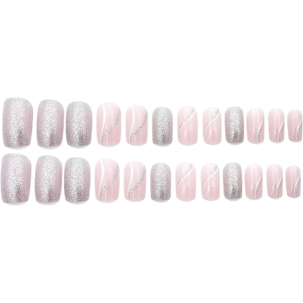 24 stk. falske negle - Almond Square Press on Nails - Fuld dækning falske negle med lim - Franske falske negle Stick on Nails (sølvrosa hvide linjer)