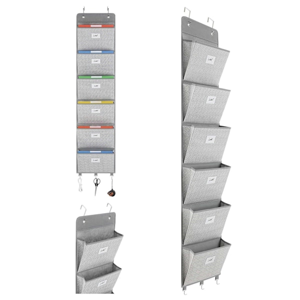 Hängande väggmapp organiser - Förvaring över dörr tidningshållare med 6 stora fickor (grå)