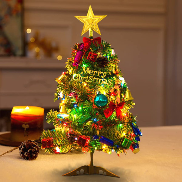 Mini-juletre med LED-lys 50 cm bord-juletre med dekorerte gaveesker, hengende ornamenter og en stjernetreplate for hjemmekontor