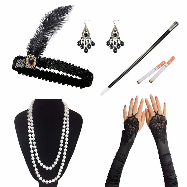 1920-talstillbehör Set 7 st kit för kvinnor Gatsby Kostymtillbehör med fjäderpannband Handskar Halsband Svart cigaretthållare