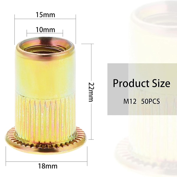 50 kappaletta M12 litteäkantainen kierteitetty niitti, sinkitty hiiliteräs kierteitetyt niitit, M12 niitti kierteitetyt lisäkkeet (18mm x 22mm)