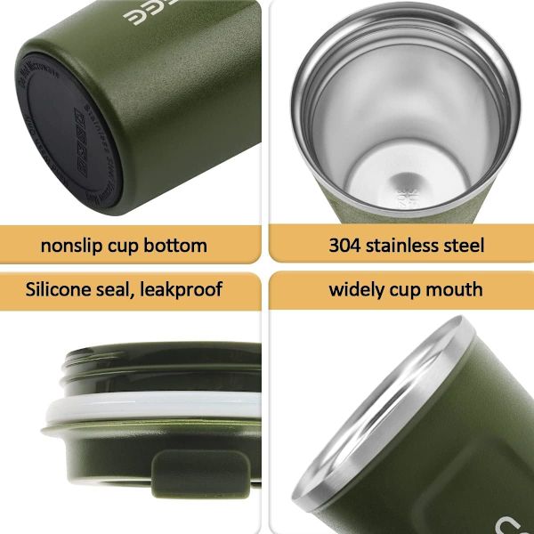 Kaffe Kop, 380ml Vakuum Genanvendelig Lækagesikker Dobbelt Væg Kaffe Kop, Isolering Rustfrit Stål Miljøvenlig Krus (Grøn) ArmyGreen