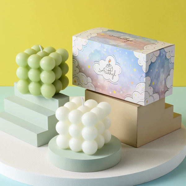 Bubbelstearinljus - Kubformade Sojavaxljus, Heminredning, Doftljusset 2-pack, Hembruk och Present (Vit+Grön)