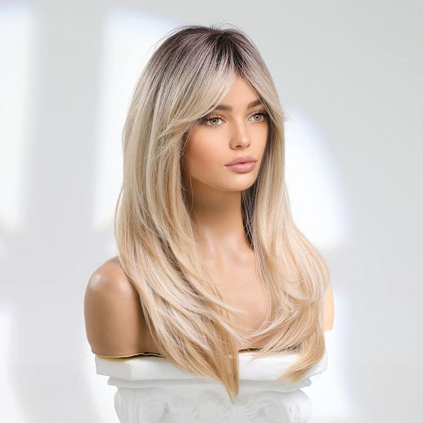 Blond peruk för kvinnor, långt naturligt syntetiskt hår, kvinnor, värmebeständig fiber, ljusblond peruk, 22 tum