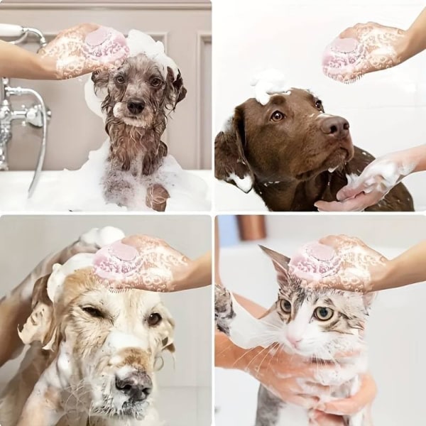 Husdjursschampoborste, silikonmassagegummibadkam med schampoförvaring för hund- och kattvårdsverktyg (beige) Beige