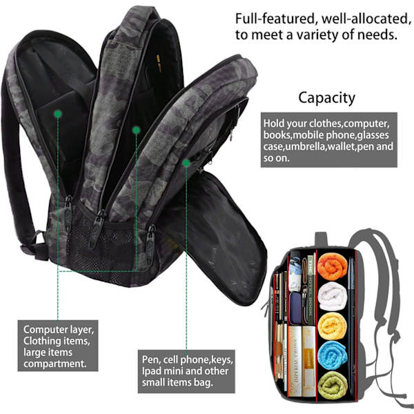 Liikematkareppu  Matkalaukku Rucksack USB-latausportilla Vedenkestävä Rucksack Päiväreppu , Sininen Camouflage-45*30*20cm Blue
