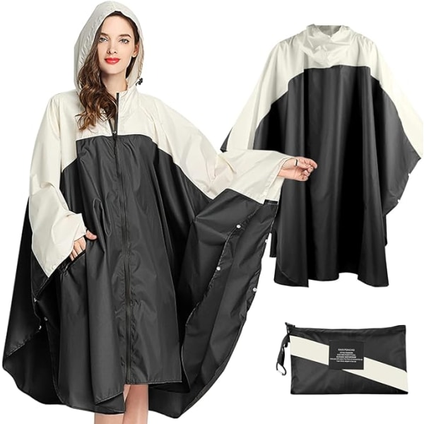 Regnjakke til kvinder og mænd - Regnponcho - Vandtæt let regntøj med hætte - Regnkappe - Poncho black+white