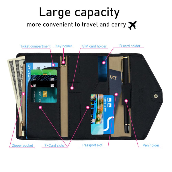 Multifunksjonell reiseveske, RFID-blokkerende reiseveske passholder, dokumentarrangør passomslagsetui for pass, kredittkort (svart) Black