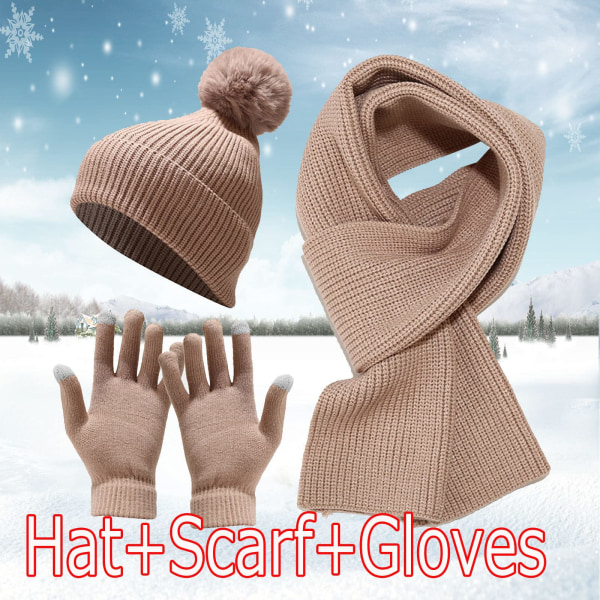 3PCS Vinter Skjerf Sett for Kvinner Varm Strikket Skjerf Lue Hette Touch Screen Hansker Varmere Varm Strikket Skjerf 3 i 1 Vinter Tykt Sett Khaki