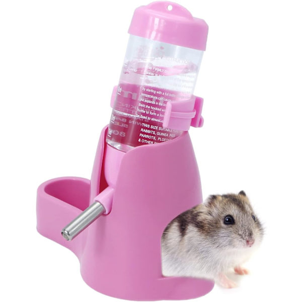 3-i-1 Hamsterhängande Vattenflaska Djur Automatisk Dispenser med Bas för Dvärghamster Mus Råtta Igelkott (80ML, Rosa)