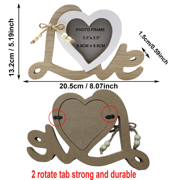 Bryllupsdekorationer Hjerte fotoramme, hjerteformet træ billedramme Bryllupsgaver til par brud og brudgom Bordplade billedskærm
