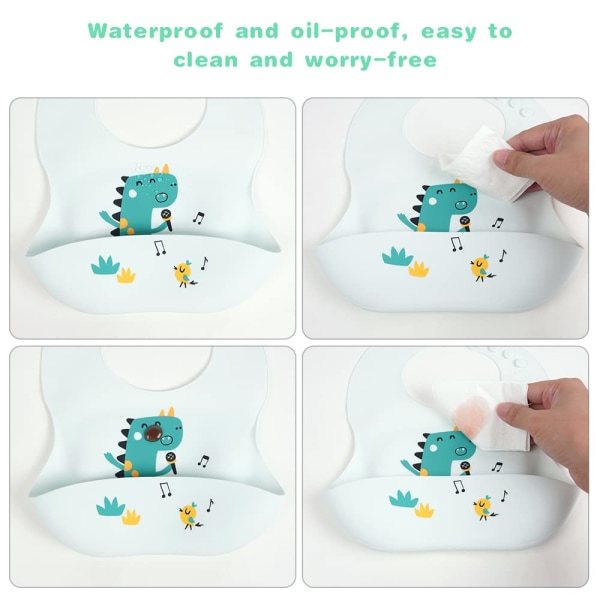 Baby , paket med 2 baby med droppbricka, BPA-fri, lätt att rengöra, vattentäta silikonhaklappar för pojkar och flickor, blå och grön blue and green