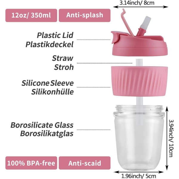 Glaskop Genanvendelig rejsekrus tumbler med strålåg til te, kaffe Hjemmekontor 350ML/12OZ Pink Silikone Sleeve Pink
