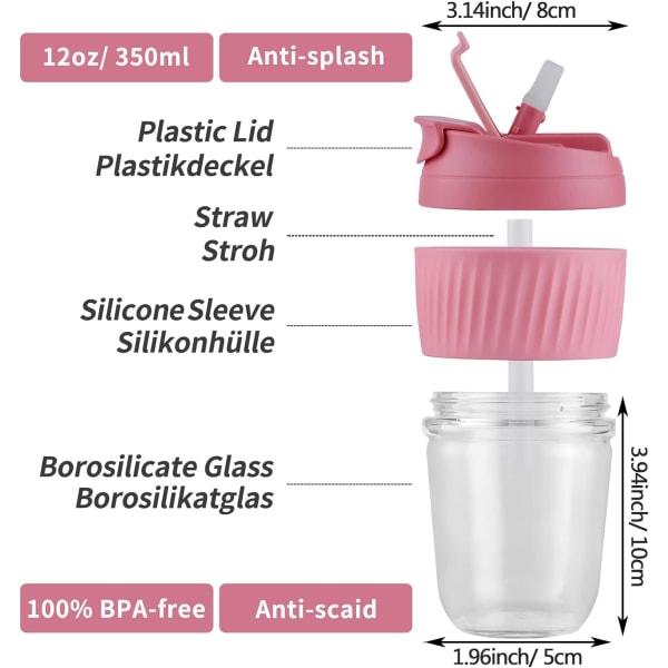 Glass Cup Gjenbrukbar Reisekrus Tumbler med Sugerør Lokk for Te, Kaffe Hjemmekontor 350ML/12OZ Rosa Silikonhylse Pink