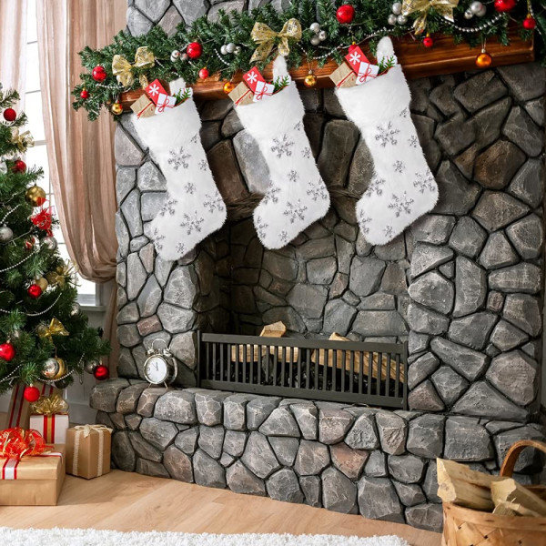 3 pakkauksen joulusukat, valkoiset tekoturkiset suuret pehmoiset roikkuvat kimaltelevat lumihiutaleet joulusukat joulujuhliin takkakoristeisiin40*18cm