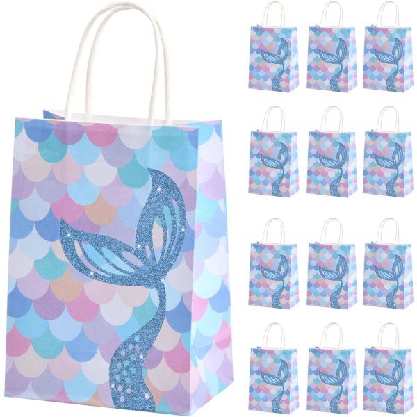 12 STK Havfrue papirfestposer, små papirgaveposer med håndtak, fargede papirposer, for barnefest, bursdag, jul -15×8×21 cm, blå