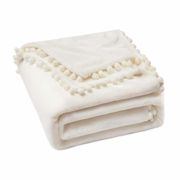Gosig filt, fleecefilt, flanellfilt med pompom, enfärgad filt, sofffilt, fluffig filt, mikrofiber sängöverkast, sofffilt, filt white