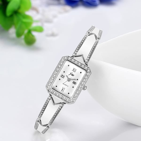 Elegant damklocka Analog kvartsur Armbandsur Dam strass rektangulära romerska siffror Spänne klocka med metallarmband Roséguld/Silver