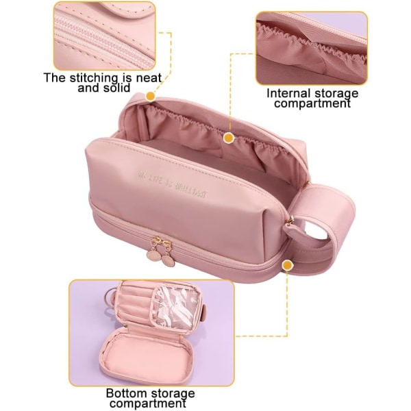Kosmetisk väska med stor kapacitet, dubbla lager resesminkväska, PU bärbar vattentät toalettväska för kvinnor, flickor (rosa) Rose gold