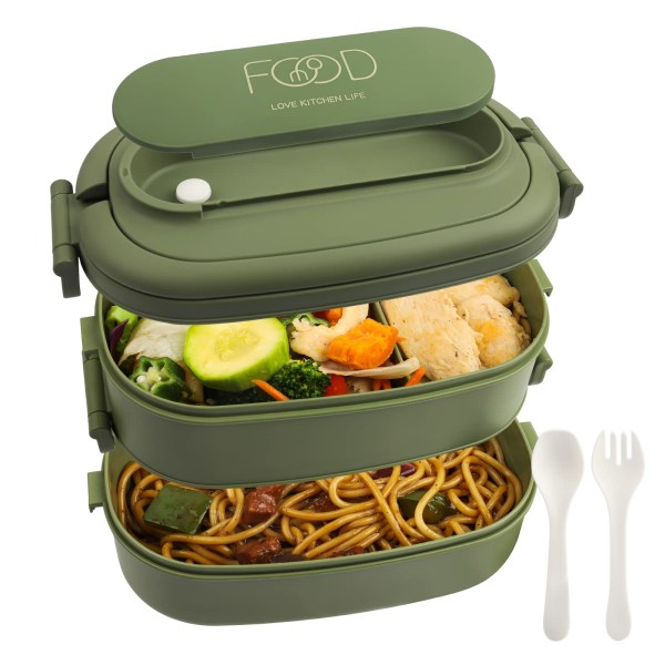 Lunchlåda - 1550ml matlåda - matlåda 2 nivåer - matlåda med 3 fack - matlåda vuxna -stor 19x12x12cm, grön Green