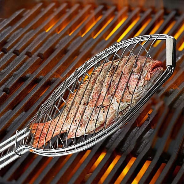 Grillfiskekurv i rustfrit stål, robust grillrist i rustfrit stål med håndtag