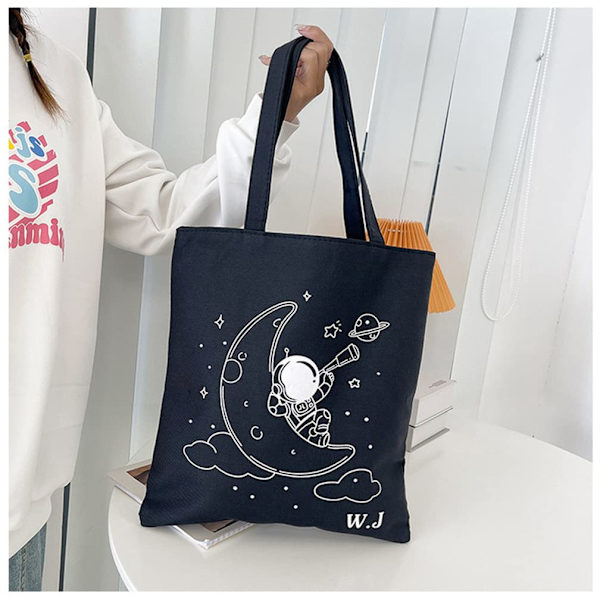 Kvinnor Canvas Tote Väskor Alien Universum Mönster Axelväska Återanvändbar Shoppingväska Svart Canvas Handtag för Kvinnor Shopping, Strand, Skola