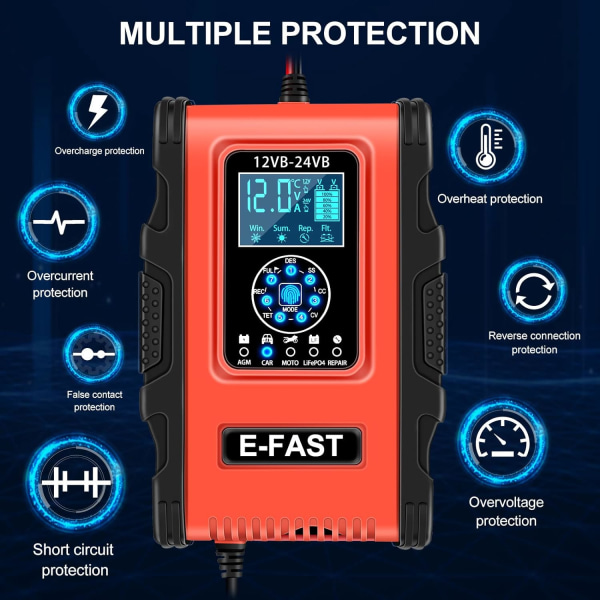 Intelligent Batterilader, LiFePO4 Batterilader til Automatisk Bil med LCD Display Reparationsfunktion til Auto Motorcykel Batteri