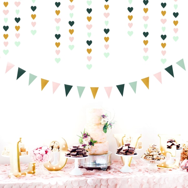 Salvia-grön Mint Rosa-Guld Kärleks-Hjärta Girlang- Rustik Bröllop Hängande Dekoration Streamer Banner, Alla Hjärtans Dag Mors Da