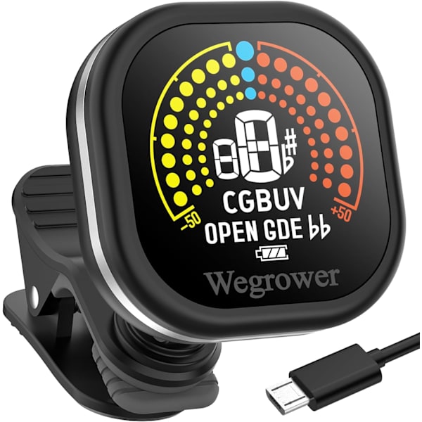 Gitar tuner, oppladbar, klips på tuner med LCD-fargeskjerm med gitar, ukulele, fiolin og kromatiske stemmemoduser for alle strengeinstrumenter