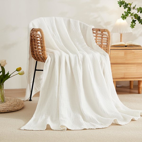 Bomullsteppe Musselin Teppe Voksne, Tepper Pustende Myk Teppe Alle Sesonger Forvasket Sofa Tepper Bomull Sengeteppe white 180*200cm