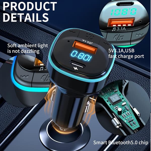 Bluetooth 5.0 FM-lähetin, Handsfree Bluetooth -sovitin tukee 5V/3.1A USB + Type C, Bluetooth-automusiikkisoitin sinisellä tunnelmavalaistuksella