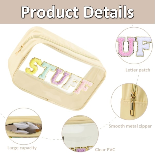 Patch Clear Makeup Stuff Bag, Dam Chenille Letter Kosmetisk Väska för Resor, Nylon Vattentät Organisation Utomhus Dragkedja Påse Toalettväska Light yellow