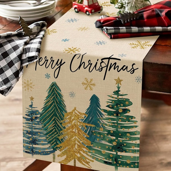 Glad Jul Tallrikslöpare med Tallar, Julblå Guld Snöflingor Kök Matbord Dekoration, Vintersemester Dekoration 13 x 90 Tum